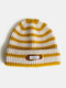 Unisex Knitted Jacquard Striped Letter PU Label Fashion Warmth Crimping Brimless Beanie Hat - Yellow