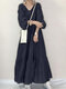 Solid Tiered Pleated V-Neck Casual Puff Sleeve Dress - Dark Blue