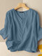 Solid V-Neck Button Front 3/4 Sleeve Cotton Blouse - Blue