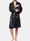 Men Faux Silk Black Pajamas Robe Smooth Breathable Drawstring Lounge Sleepwear With Waist Pockets - Black 2#