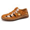 Men Closed Toe Hand Stitching Woven Outdoor Leather Dress Sandals - Yellow Brown