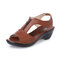 Large Size Front Zipper Peep Toe Casual Wedges Sandals - Brown