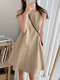 Solid Sleeveless A-Line Casual Cotton Midi Dress - Khaki