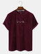 Mens Japanese Embroidery Striped Velvet Crew Neck Short Sleeve T-Shirts - Wine Red
