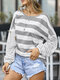 Striped Patchwork Long Sleeve O-neck Casual Sweatshirt For Women - Gray