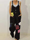 Floral Printed Sleeveless Straps Button Jumpsuit With Pocket - Black