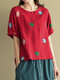 Flower Embroidery Short Sleeve O-neck Loose T-shirt For Women - Red