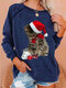 تي شيرت جميل مطبوع عليه قطة عيد الميلاد بأكمام طويلة ورقبة دائرية مقاس Plus - أزرق