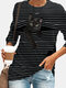 Black Cat Print Long Sleeve O-neck White Striped Plus Size T-shirt - Grey