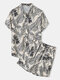 Mens Tropical Leaf Print Button Up Holiday Two Pieces Outfits - Apricot