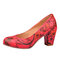 Women Extra Size Floral Chunky Heel Pumps - Red