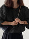 Solid Folds Long Sleeve Crew Neck Blouse For Women - Black