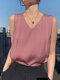 Solid Sleeveless V-neck Satin Tank Top For Women - Pink