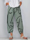Abstract Art Illustration Print Slit Hem Elastic Waist Pocket Pants - Green