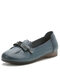 Socofy Leather Vintage Bow Pleated Soft Sole Non-Slip Casual Flats - Blue