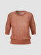 Solid Hollow Knit Crew Neck Half Sleeve T-shirt - Rust Red
