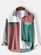 Mens Corduroy Panel Patchwork Button Up Casual Long Sleeve Shirts - Pink