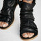 Women Casual Open Peep Toe Lace Strap High Top Flat Sandals - Black