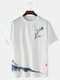 Mens Crane Landscape Print Chinese Style Short Sleeve Cotton Linen T-Shirts - White