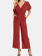 Solid Color Plain V-neck Short Sleeve Casual Jumpsuit for Women - Rust red