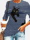 Black Cat Print Long Sleeve O-neck White Striped Plus Size T-shirt - Navy