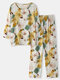 Plus Size Women All Over Floral Printed Different Collar Cozy Pajamas Sets - Apricot2