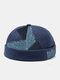 Unisex Distressed Denim Color-match Patchwork Fashion Brimless Beanie Landlord Cap Skull Cap - Dark Blue