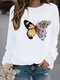 Butter Flower Print O-neck Long Sleeve Casual Sweatshirt For Women - White