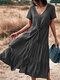 Women Drawstring Solid Color Button Short Sleeve V-neck Bohemian Dress - Black