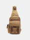 Men Genuine Leather And Canvas Travel Outdoor Carrying Bag Personal Crossbody Bag Chest Bag Sling Bag - Khaki