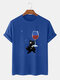Mens Cartoon Cat Wine Glass Print Crew Neck Short Sleeve T-Shirts - Blue