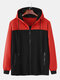 Mens Cotton Stripe Patchwork Zip Front Casual Drawstring Hooded Cardigans - Red