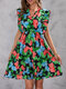 Tropical Flower Leaves Print Pleated Sleeve Wrap V-neck Dress - Red