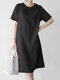 Women Solid Peter Pan Collar Short Sleeve Dress - Black