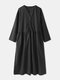 Casual O-neck Long Sleeve Button Plus Size Dress with Pockets - Black