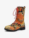Embroidered Printing Sunflowers Block Heel Round Toe Lace-up Mid-calf Combat Boots for Women - Yellow