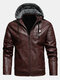 Mens PU Leather Plus Velvet Zip Front Thicken Hooded Jackets With Zipped Welt Pockets - Red