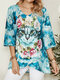 Cute Cat Floral Print Asymmetrical 3/4 Length Sleeve Casual Blouse - Blue