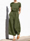 Solid Color Short Sleeve O-neck Cotton Wide Leg Jumpsuit - Army Green