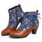 SOCOFY Retro Embossed Genuine Leather Splicing Folkways Flower Pattern High Heel Boots - Brown