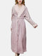 Women Flannel Lapel Thicken Warm Cozy Belted Long Robes With Pocket - Pink