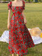 فستان ماكسي بياقة مربعة بأكمام منتفخة مطبوع عليه أزهار عشوائية - أحمر