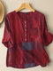Plaid Pattern Pocket Button Front Crew Neck Blouse - Wine Red
