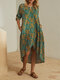 Vintage Blumendruck Langarm-O-Ausschnitt Asymmetrischer Midi Kleid - Grün