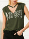 Letters Print Sleeveless Casual Ring Neck Tank Top For Women - Green