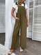 Solid Pocket Pleated Self Tie Strap Open Back Jumpsuit - Army Green