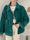 Corduroy Solid Pocket Button Loose Long Sleeve Lapel Jacket - Green