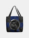 Women Felt Black Cat Print Handbag Tote - Blue