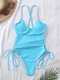 Women Solid Color Underwire Criss Cross Side One Piece Strappy Swimsuit - Blue