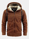 Mens Solid Color Zip Front Fleece Plush Thick Warm Hooded Jacket - Brown